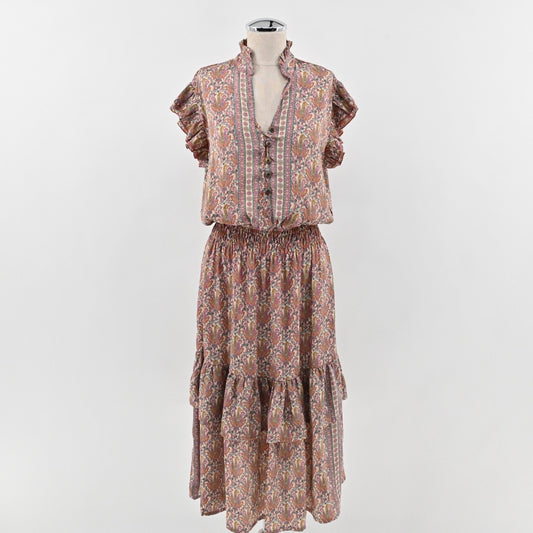 PERRY WALKER COLLECTIVE Cornelia Midi Dress Sz L Beige Paisley Silk Peasant Boho