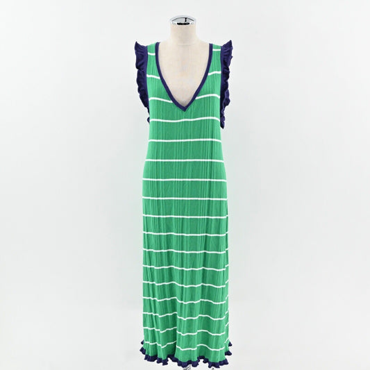 ANTHROPOLOGIE Dress Size XL Green Stripe Cotton Knit Ruffle Midi DAILY PRACTICE