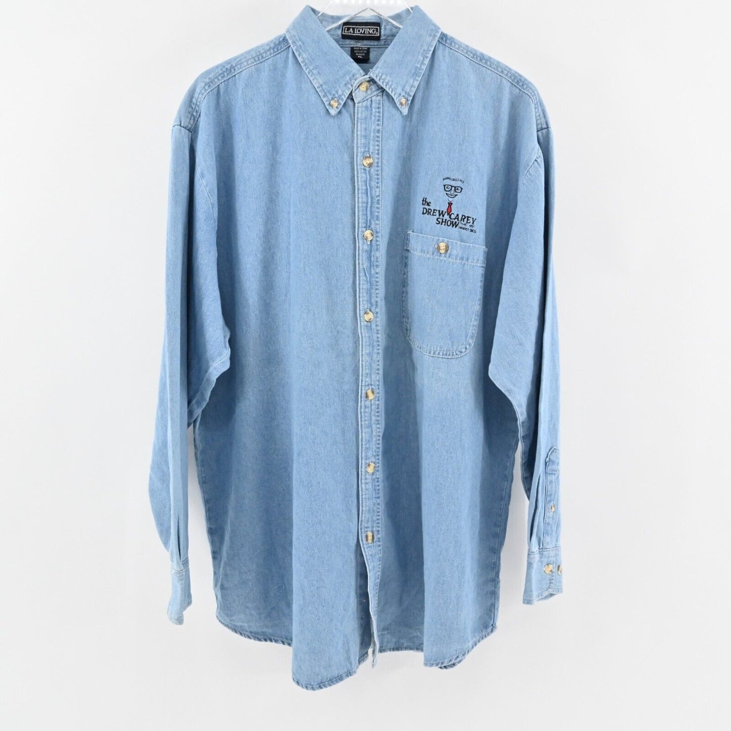 Vtg Drew Carey Show Shirt Mens Sz XL Blue Denim Button Front Warner Bros 1997