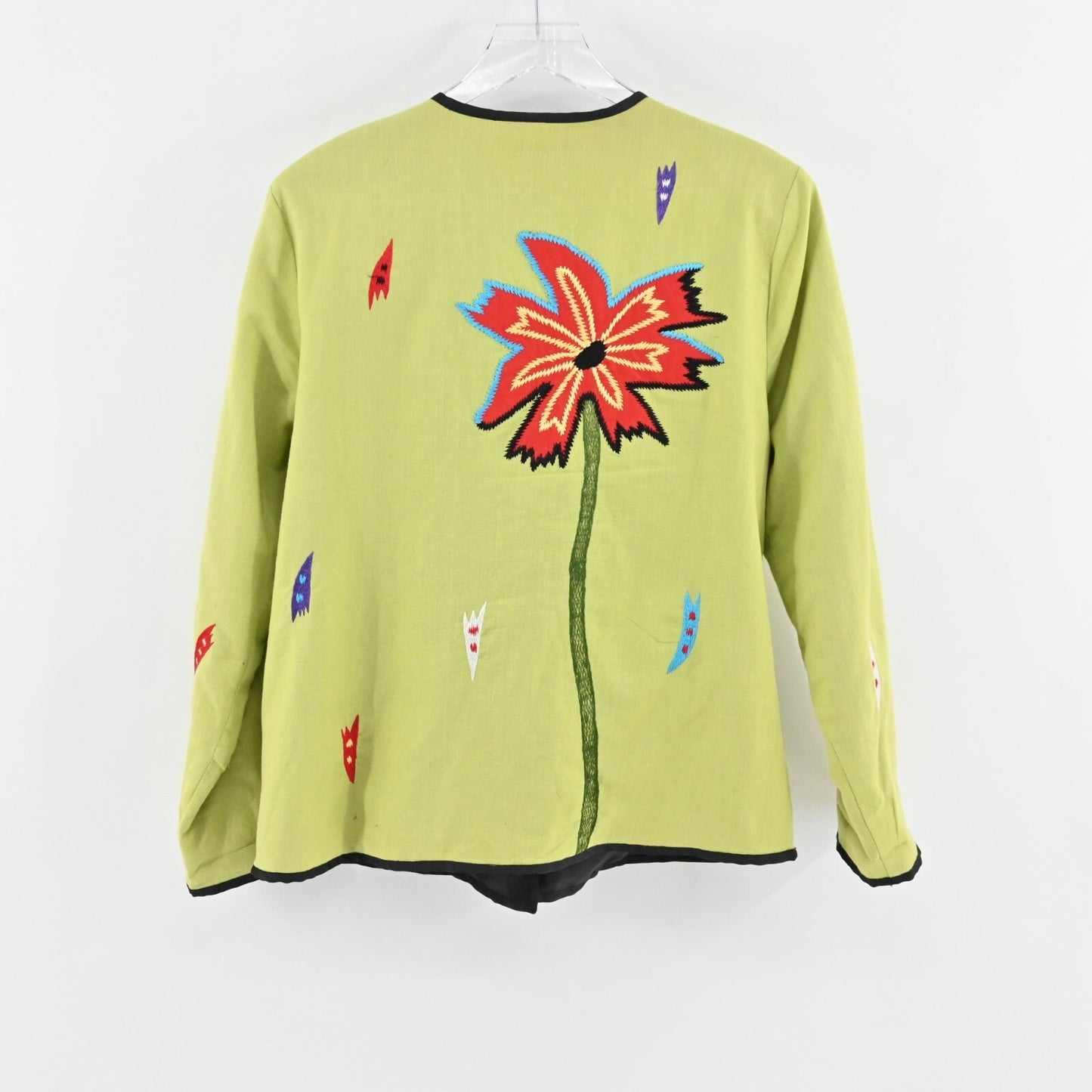 Vtg ALEX KIM Womens Embroidered Jacket Size L Green Floral Toggle Linen Art Wear