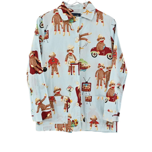 NICK NORA Womens Size S Sock Monkey Print Long Sleeve Button Up Pajama Shirt
