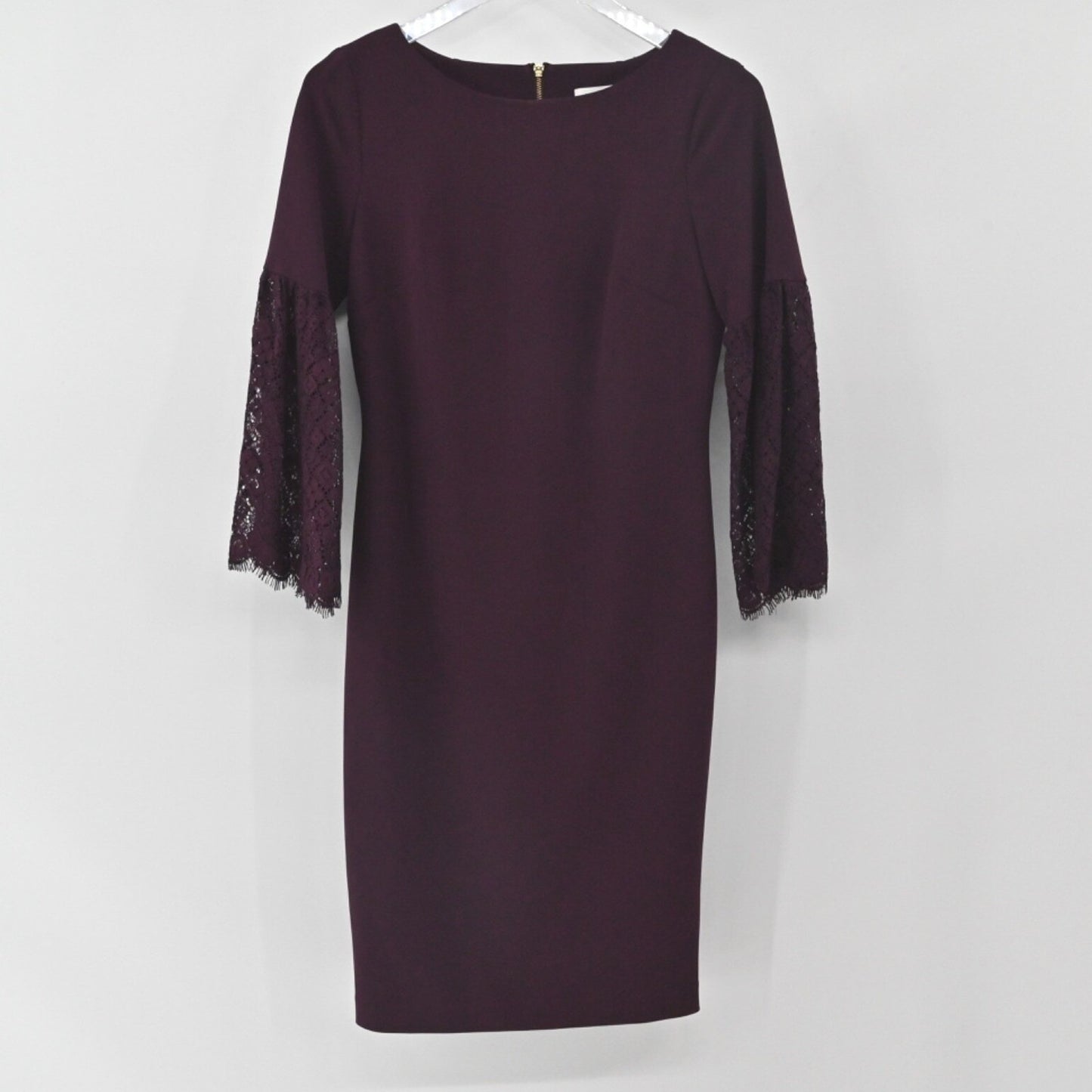 Calvin Klein Burgundy Sheath Dress Size 4 Lace Bell Sleeve Sheath Moody Romantic