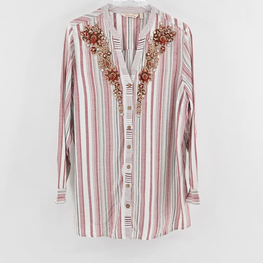 Soft Surroundings Womens Repose Berry Stripe Beaded Tunic Sz XL Boho Button Top