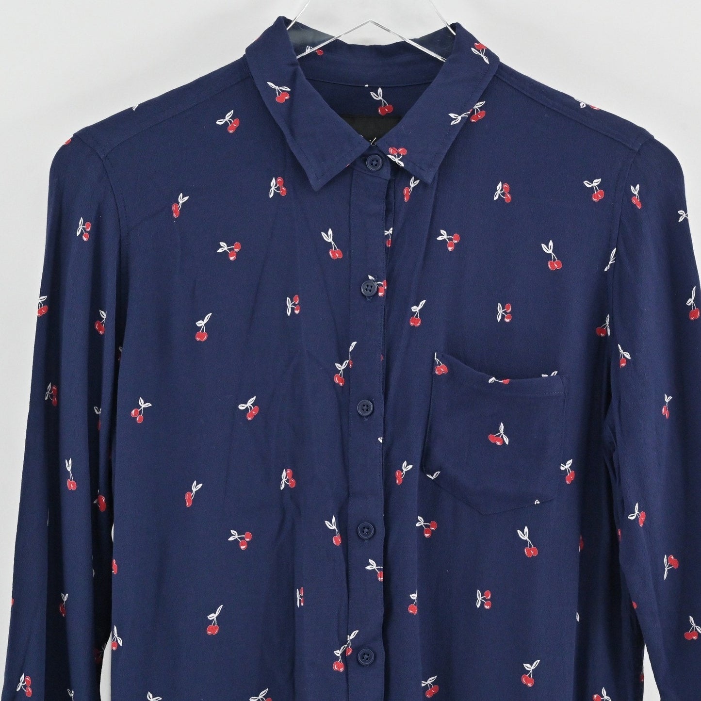 Rails Womens Kate Top Size XS Cherry Print Preppy Button Navy Blue Long Sleeve