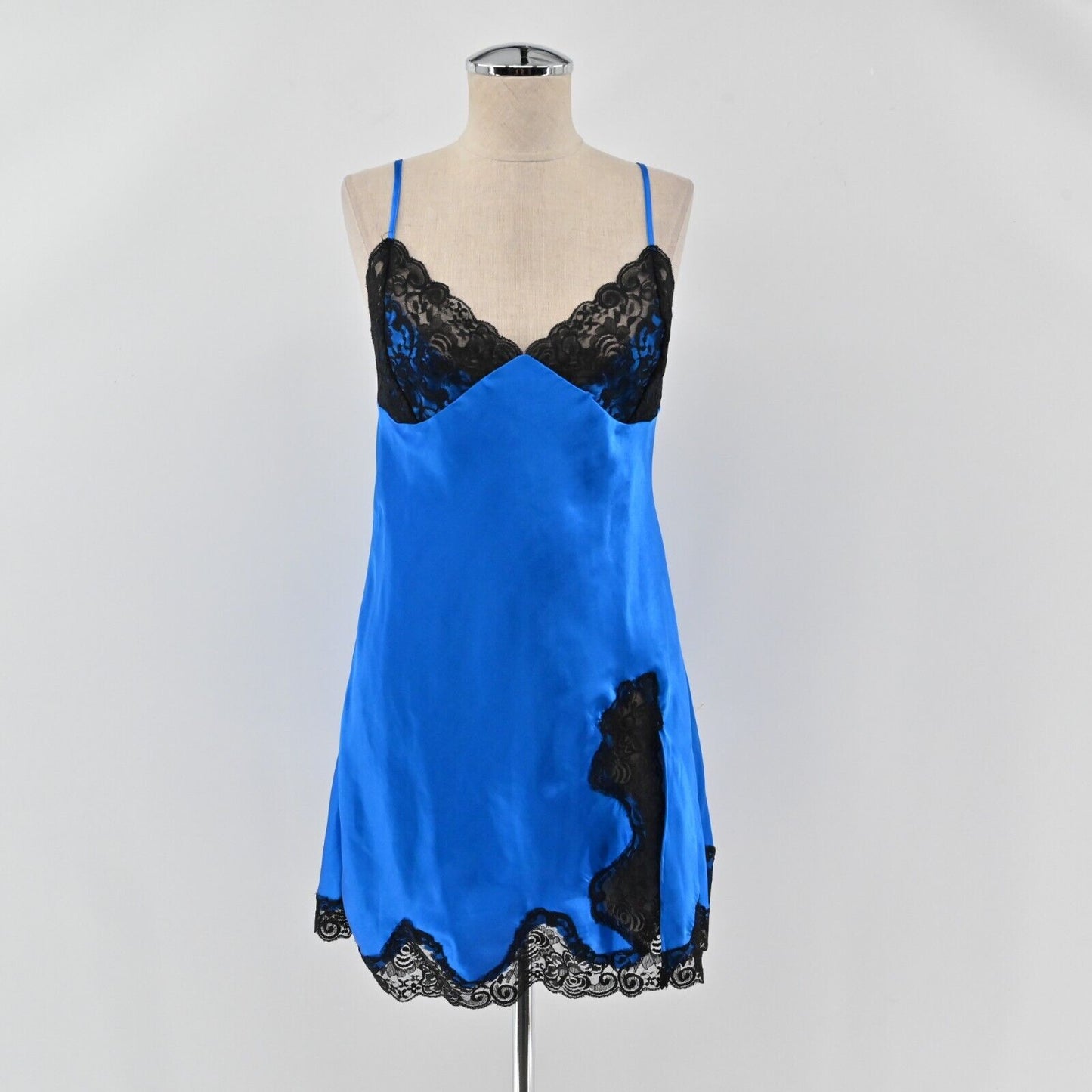 FREDERICKS of HOLLYWOOD Womens Sz M Blue Black Lace Satin Sleeveless Slip Dress