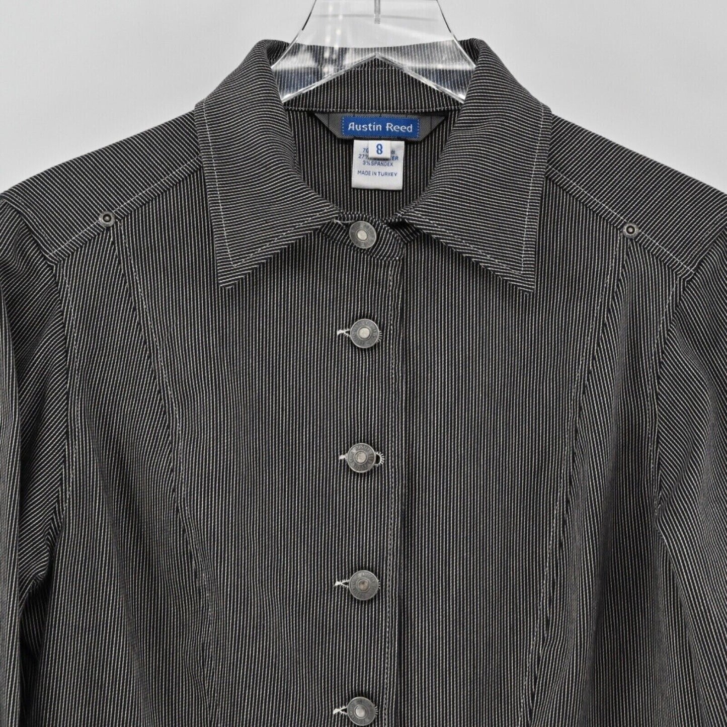 AUSTIN REED Jacket Womens Size 8 Canvas Black White Pinstripe Cotton Blend Retro