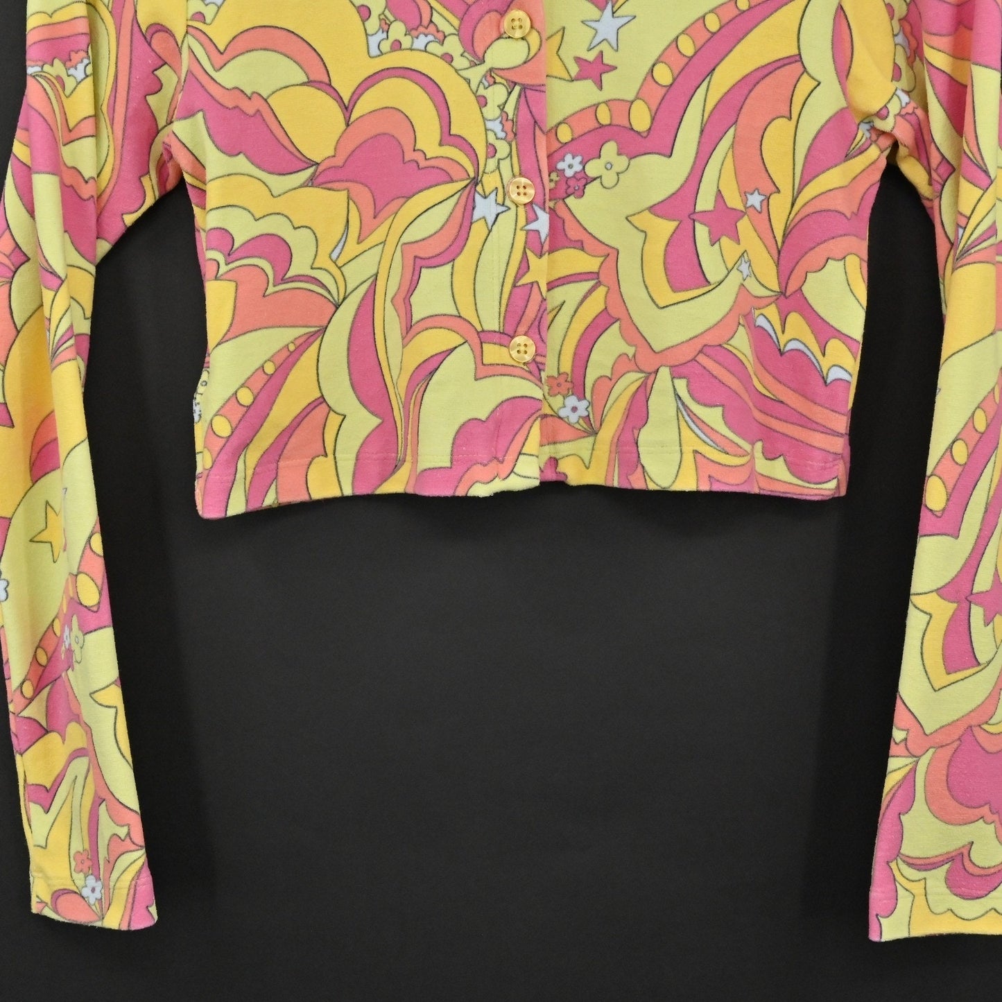 Frankies Bikinis Womens Cheri Terry Cardigan Size S Psychedelic Print Cropped