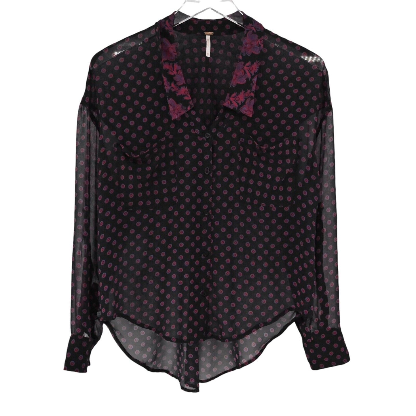 FREE PEOPLE Top Womens Size XS Easy Rider Button Down Blouse Black Combo Floral