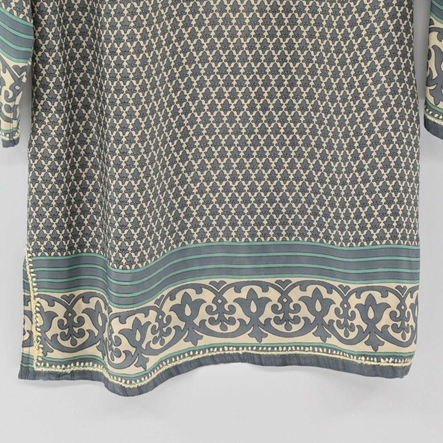 GRETCHEN SCOTT Tunic Top Womens Sz S Blue Silk Embroidered Boho Print 3/4 Sleeve