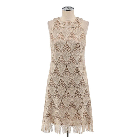 Vtg LAURA Dress Womens Size M Tan Gold Metallic Crochet Lace Fringe Halter Shift