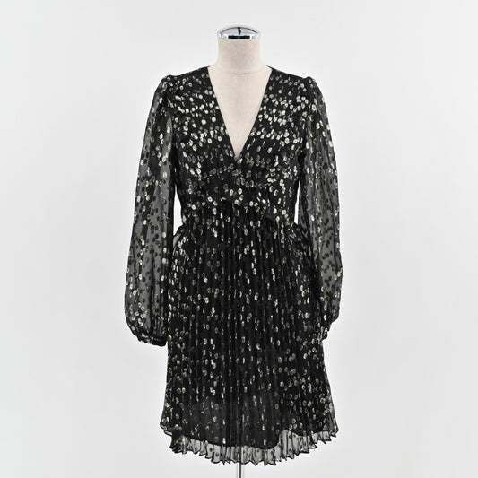 A LOVES A Metallic Dress Size S Black Gold Dot Silk Blend VNeck Accordion NEW