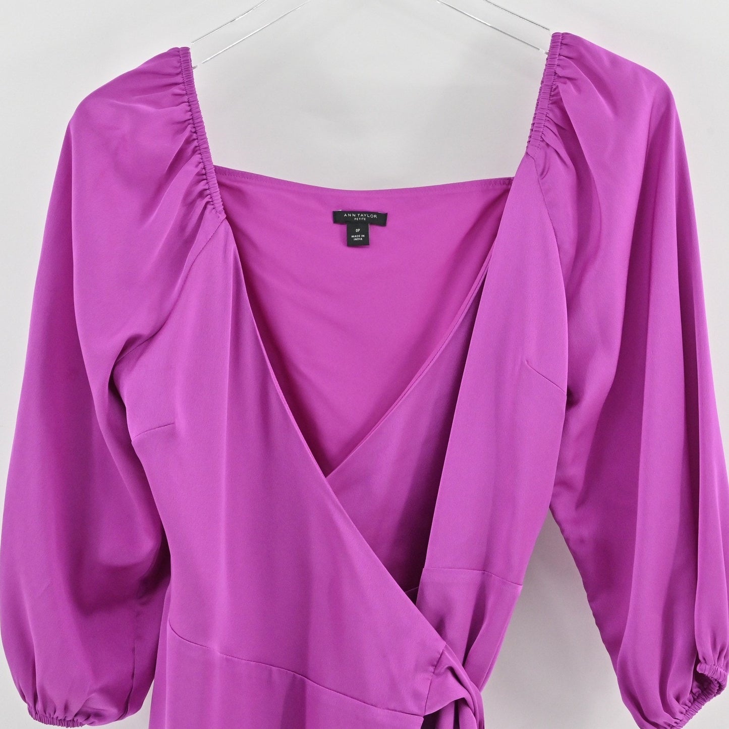 Ann Taylor Purple Wrap Midi Dress Size 0P Romantic Wedding Guest Lilac Feminine