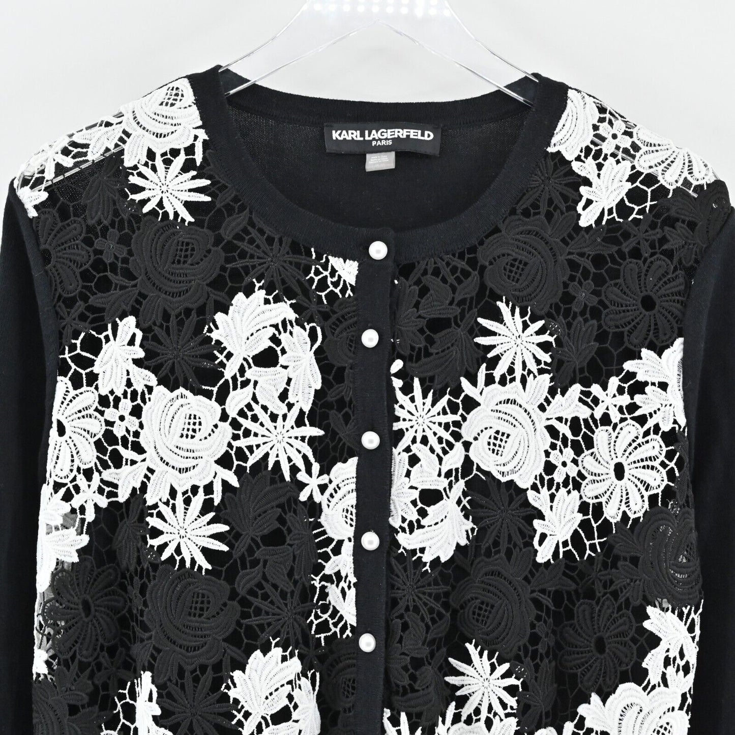 KARL LAGERFELD Sweater Womens L Crochet Cardigan Black White Floral Embroidered