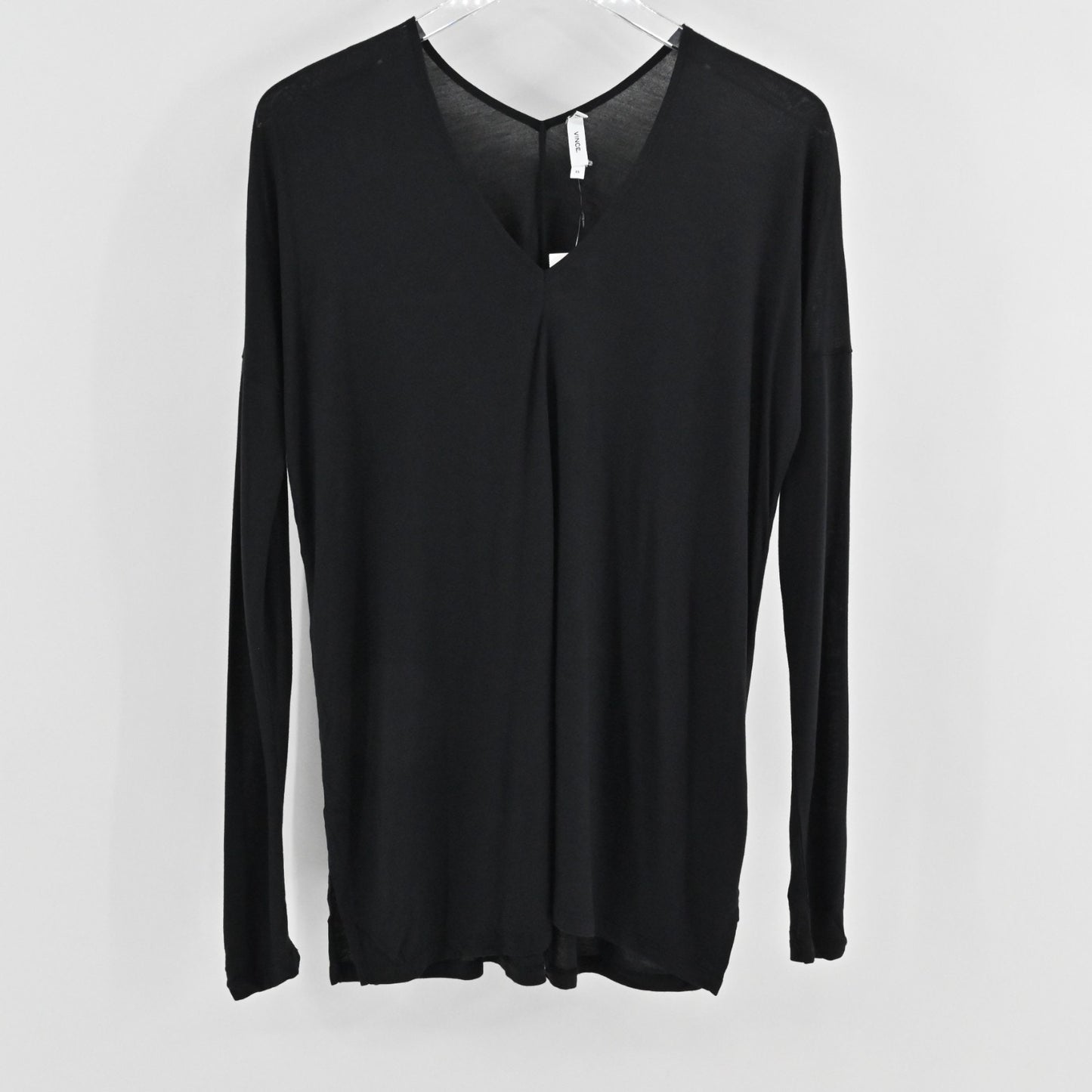 Vince Womens Long Sleeve Double Vee Tee Size XS Black Viscose Casual Top NEW