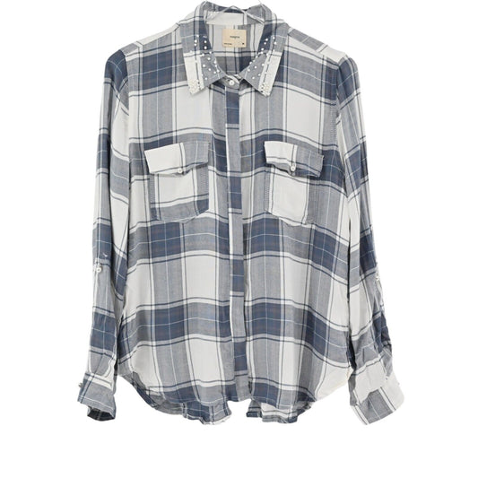 HARPER Top Womens Size M Blue Plaid Pearl Embellished Collar Button Up Flannel