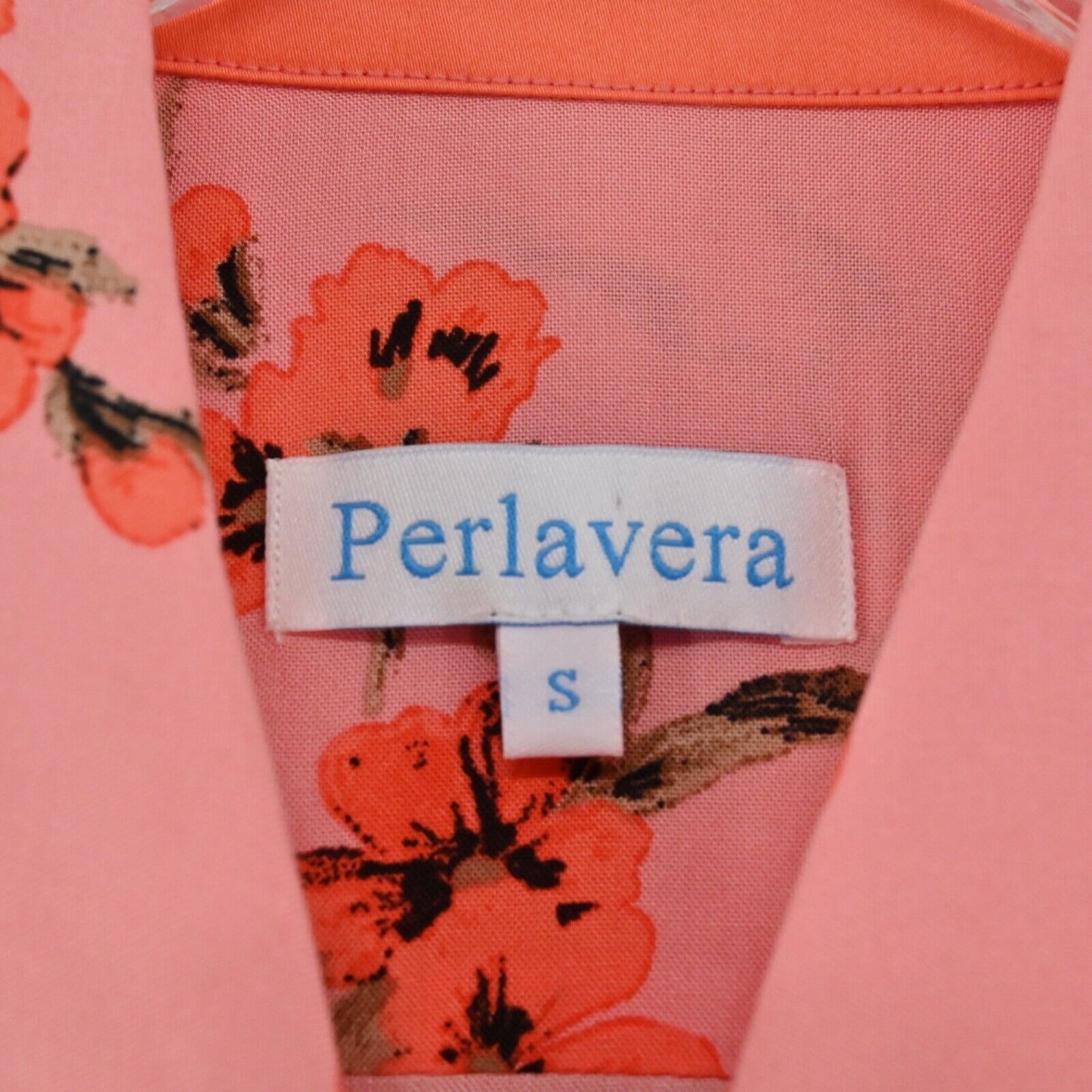 PERLAVERA Top Womens Size S Pink Floral 3/4 Sleeve Button Up Preppy Boho Office