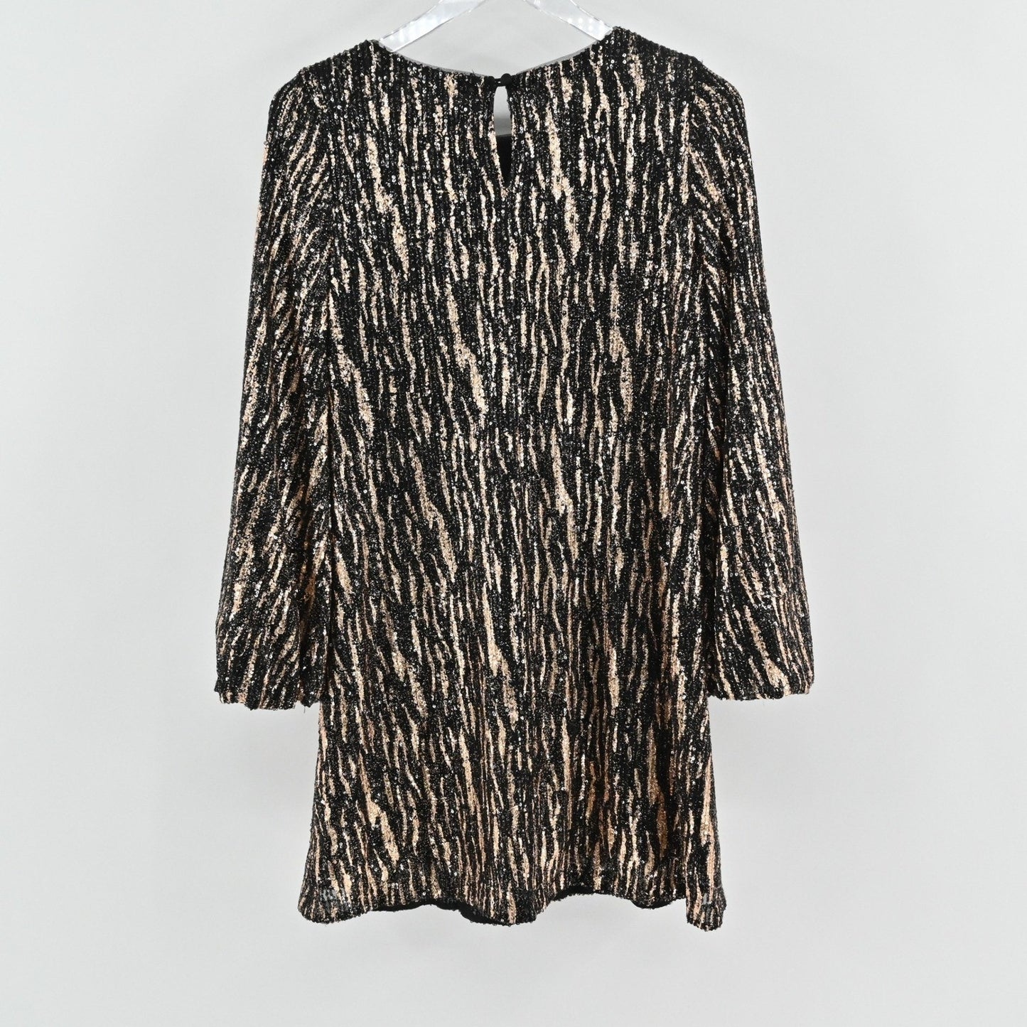 Betsy Adam Sequin Dress Size 8P Black Gold Bell Sleeve Mod Twee Retro Cocktail