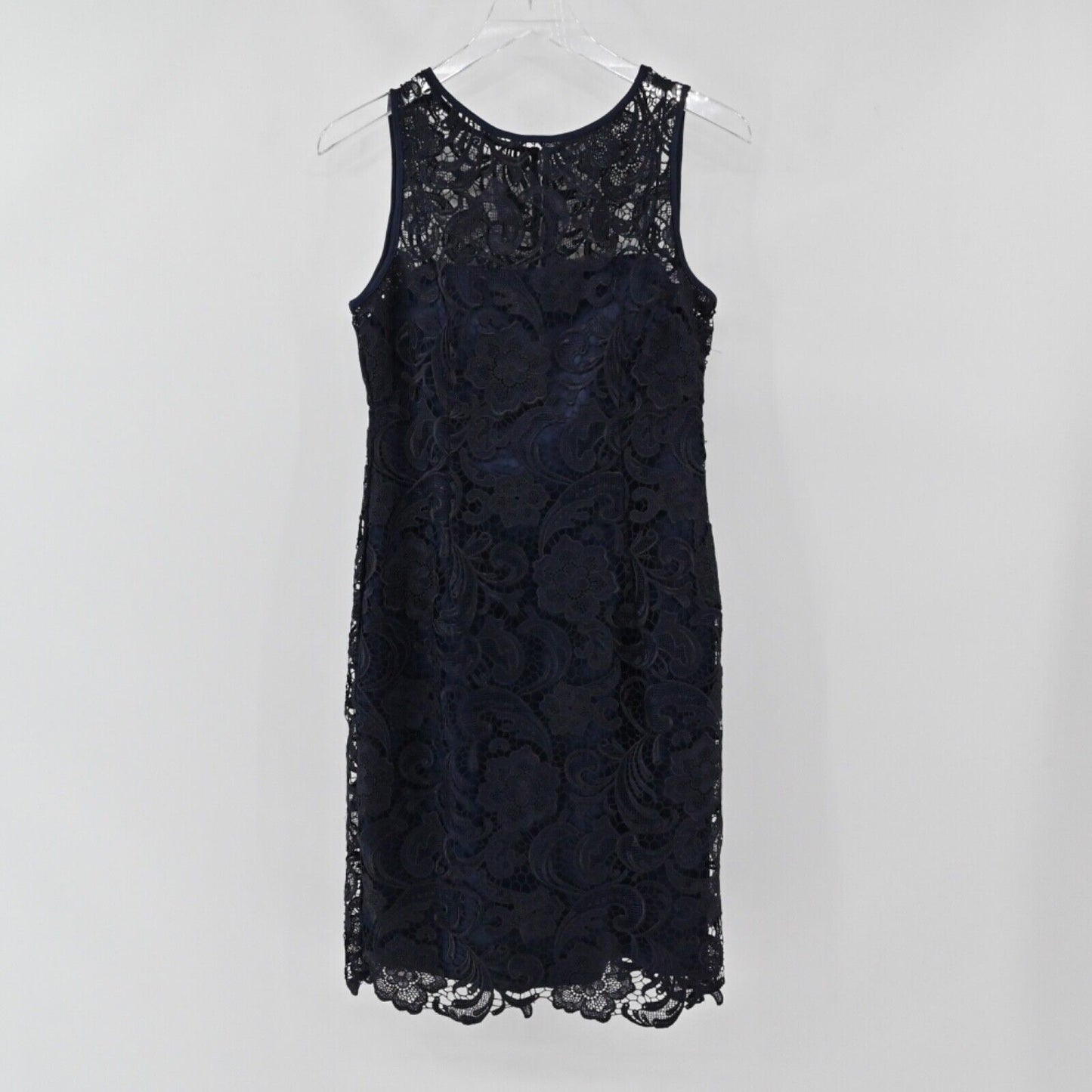 ADRIANNA PAPELL Dress Womens Sz 8 Black Blue Sheer Floral Lace Sleeveless Sheath
