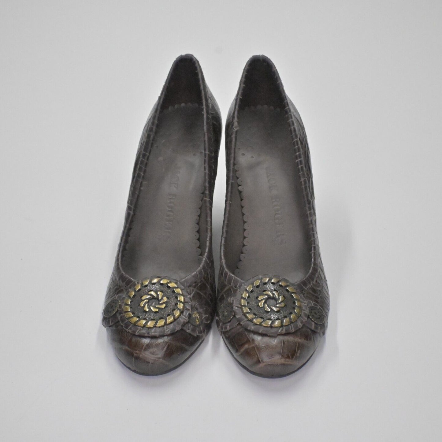 JACK ROGERS Heels Womens Size 7 Coin Isabelle Brown Croc Leather Pump Round Toe
