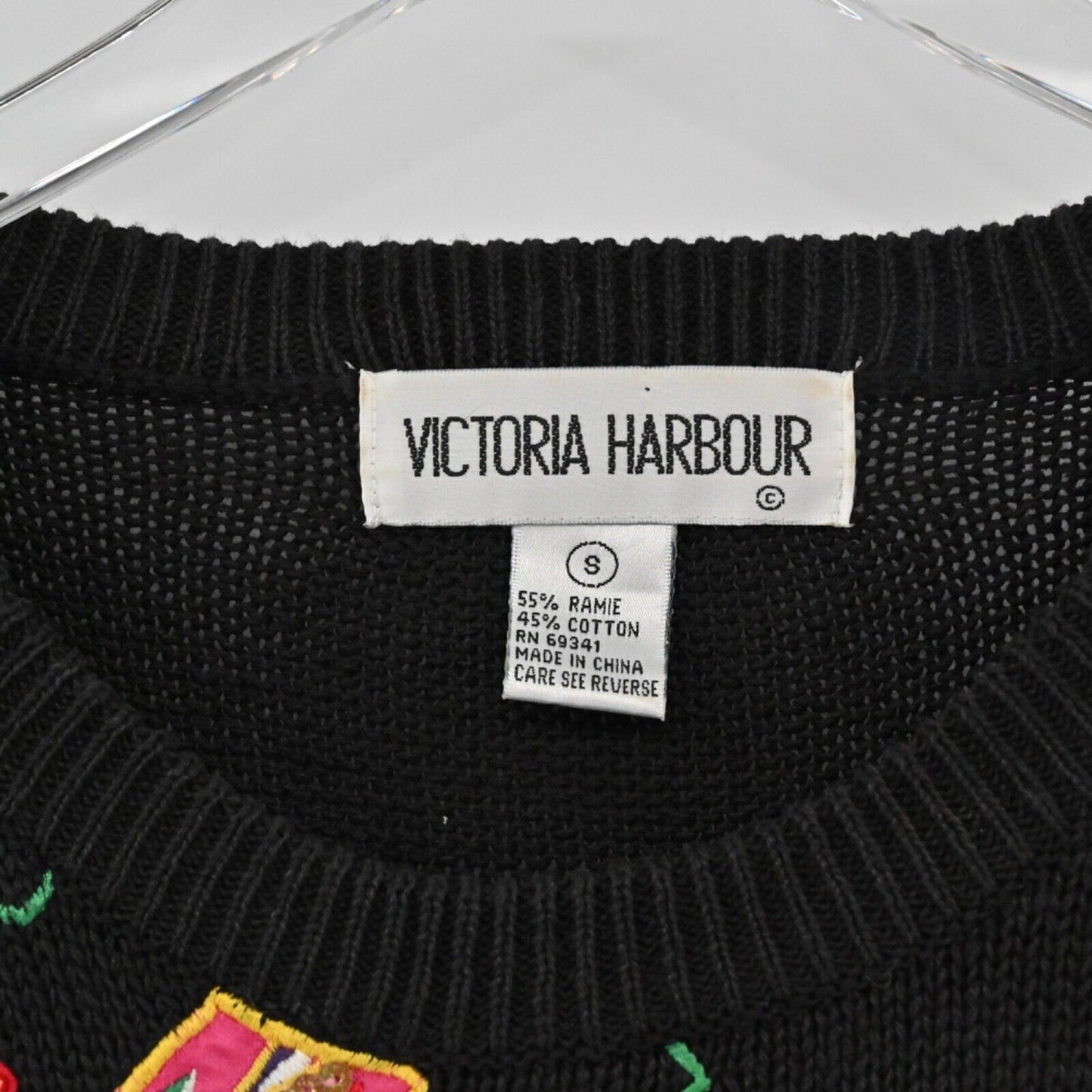 Vtg VICTORIA HARBOUR Sweater Womens Sz S Black Embroidered Butterfly Stamps 90s