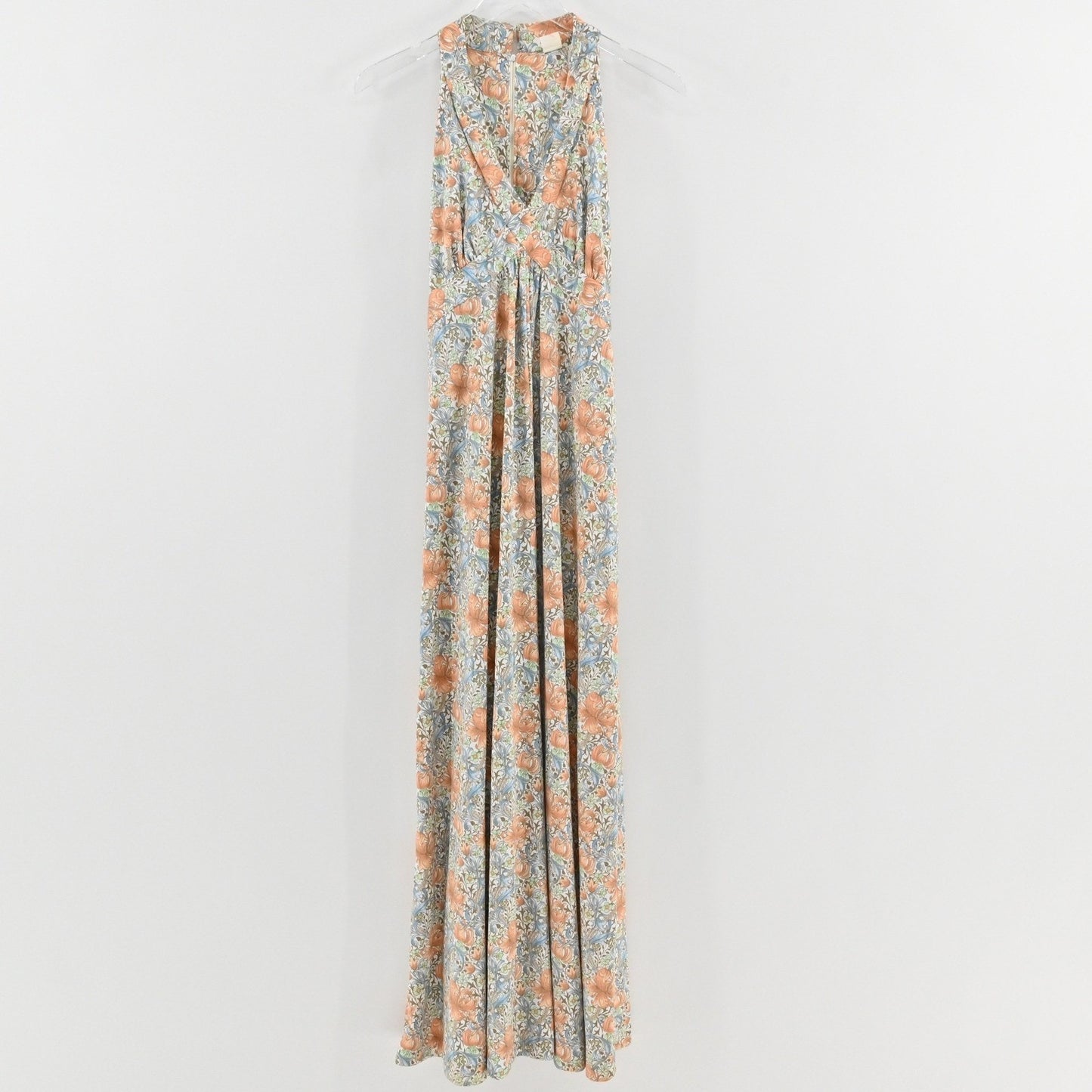 Vtg 70s Floral Halter Maxi Dress Size S Peach Blue Whimsical Bloomcore Feminine