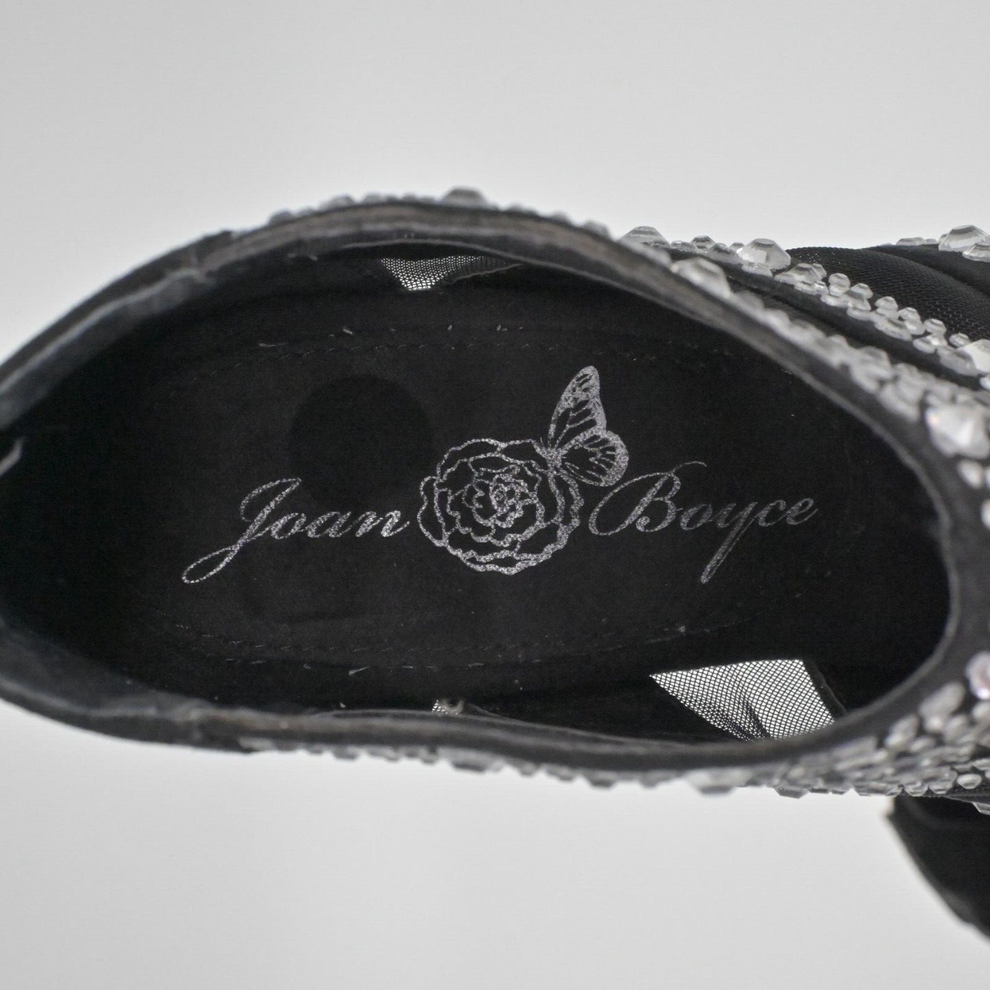 Vtg JOAN BOYCE Heels Womens Sz 7.5 Black Faux Suede Mesh Rhinestone Peep Toe Y2K