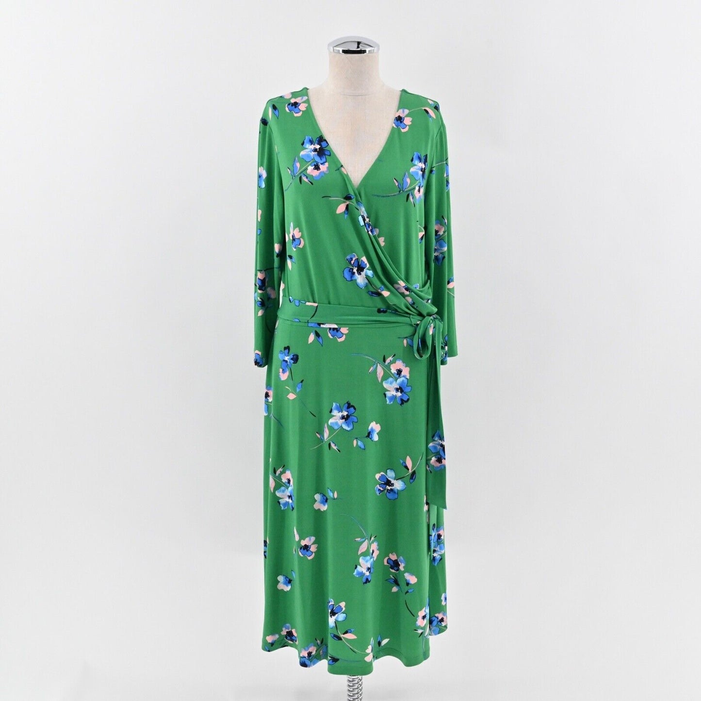 ELIZA J Dress Size 14 Green Floral V Neck Long Sleeve Tie Belt Faux Wrap Midi