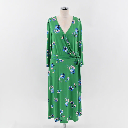 ELIZA J Dress Size 14 Green Floral V Neck Long Sleeve Tie Belt Faux Wrap Midi
