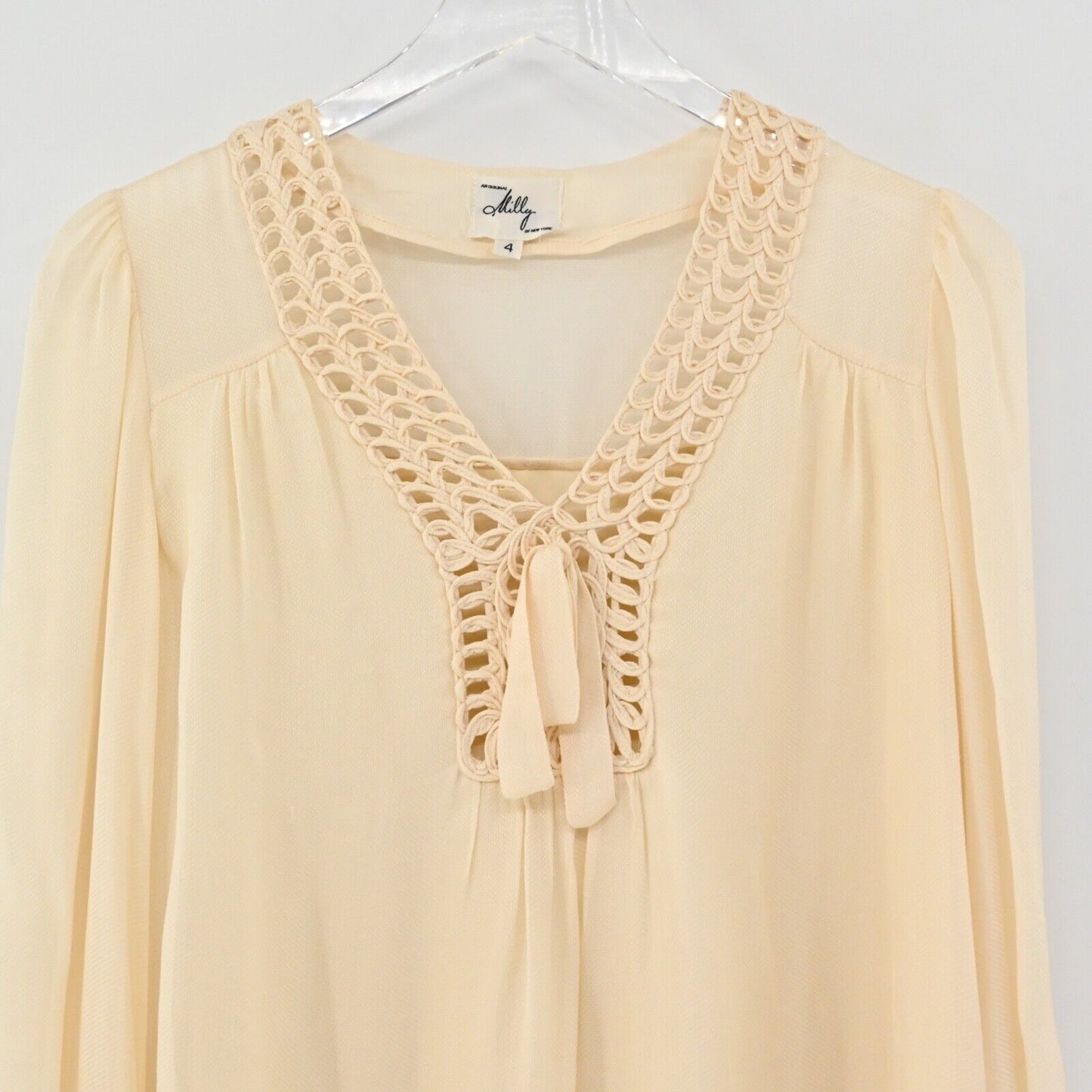 Vtg MILLY Top Womens Sz 4 Cream 100% Silk Eyelet V Neck Balloon Sleeve Retro USA