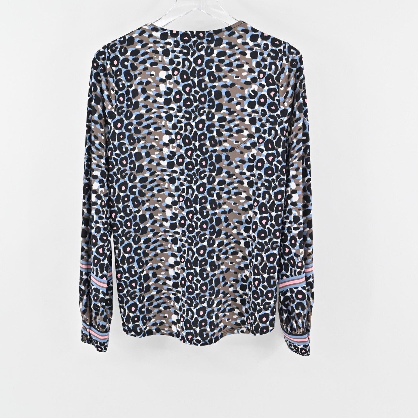 HALE BOB Womens Beaded Top Size M Blue Leopard Print V Neck Long Sleeve Bohemian