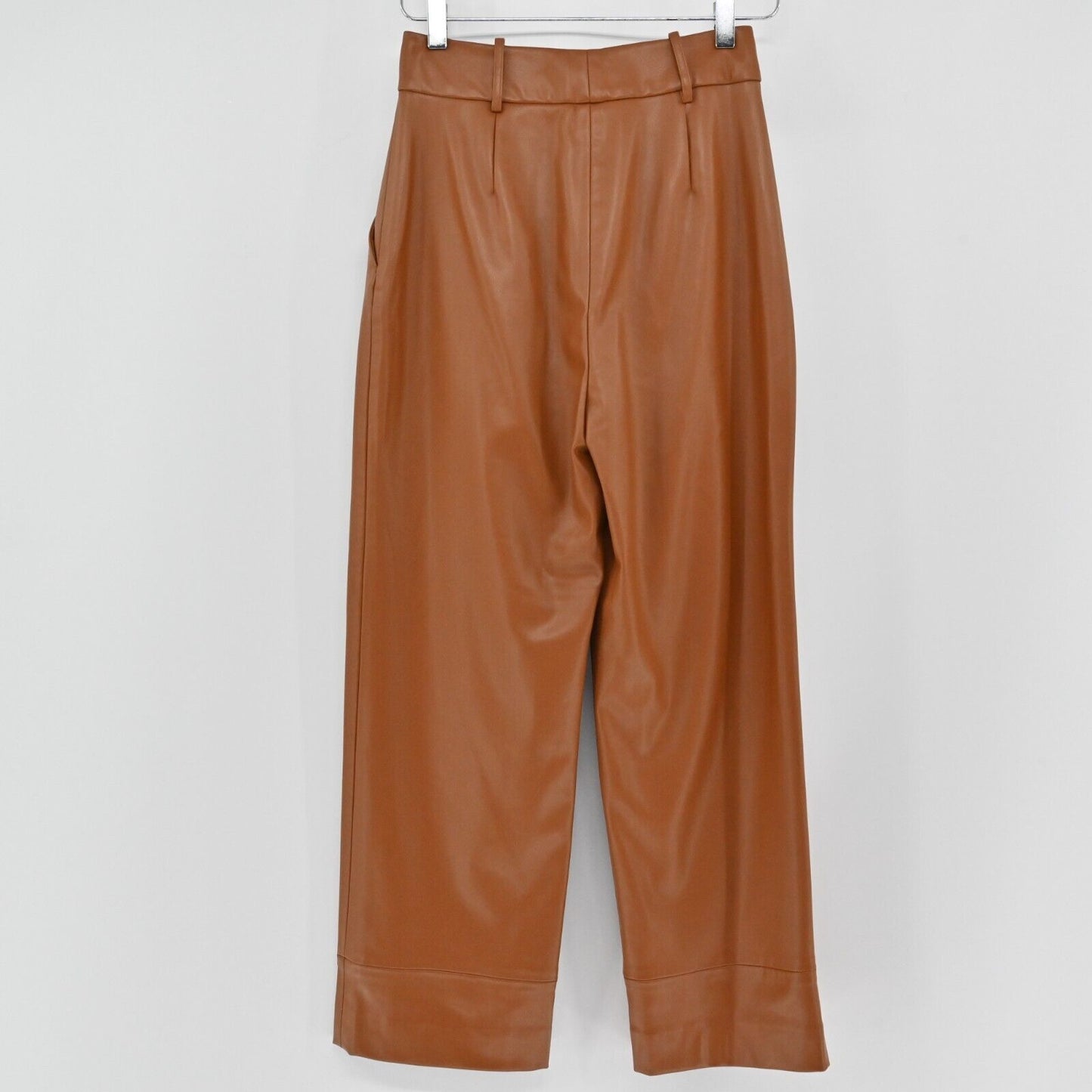 ZARA Pants Womens Size XS Brown Faux Leather High Rise Button Fly Straight Leg