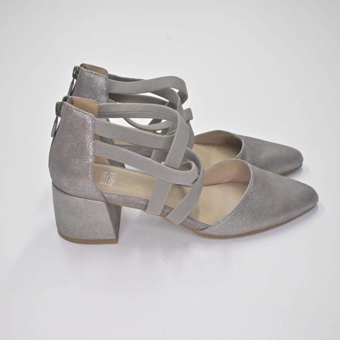 EILEEN FISHER Pumps Womens Size 7.5 Juku Mica Silver Strappy Closed Almond Toe