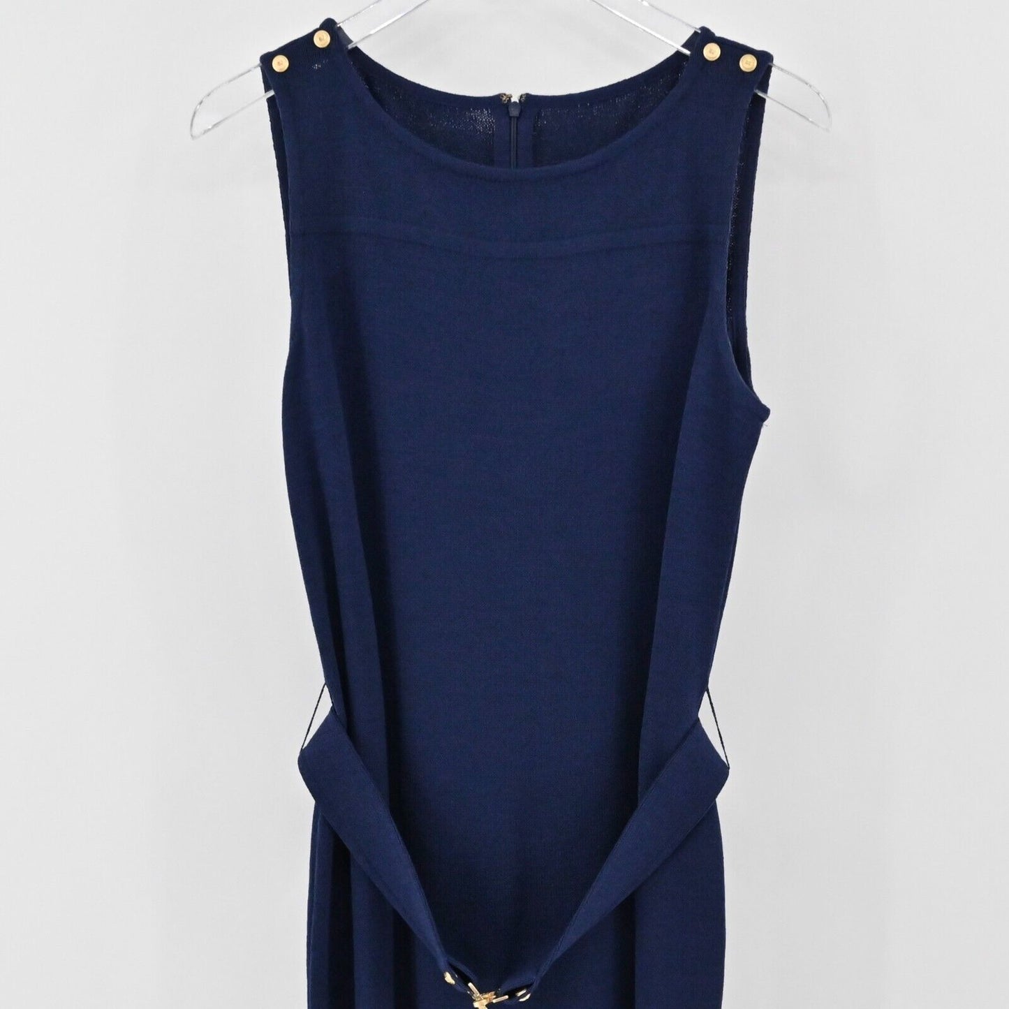 ST JOHN Dress Sz 10 Blue Santana Knit Wool Sheath Sleeveless COLLECTION Dog Show
