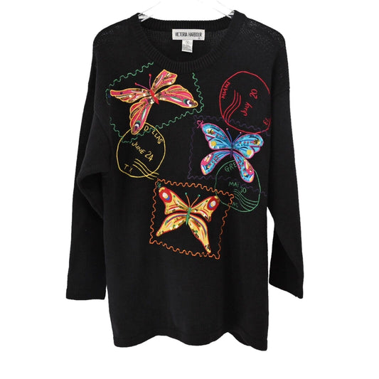 Vtg VICTORIA HARBOUR Sweater Womens Sz S Black Embroidered Butterfly Stamps 90s