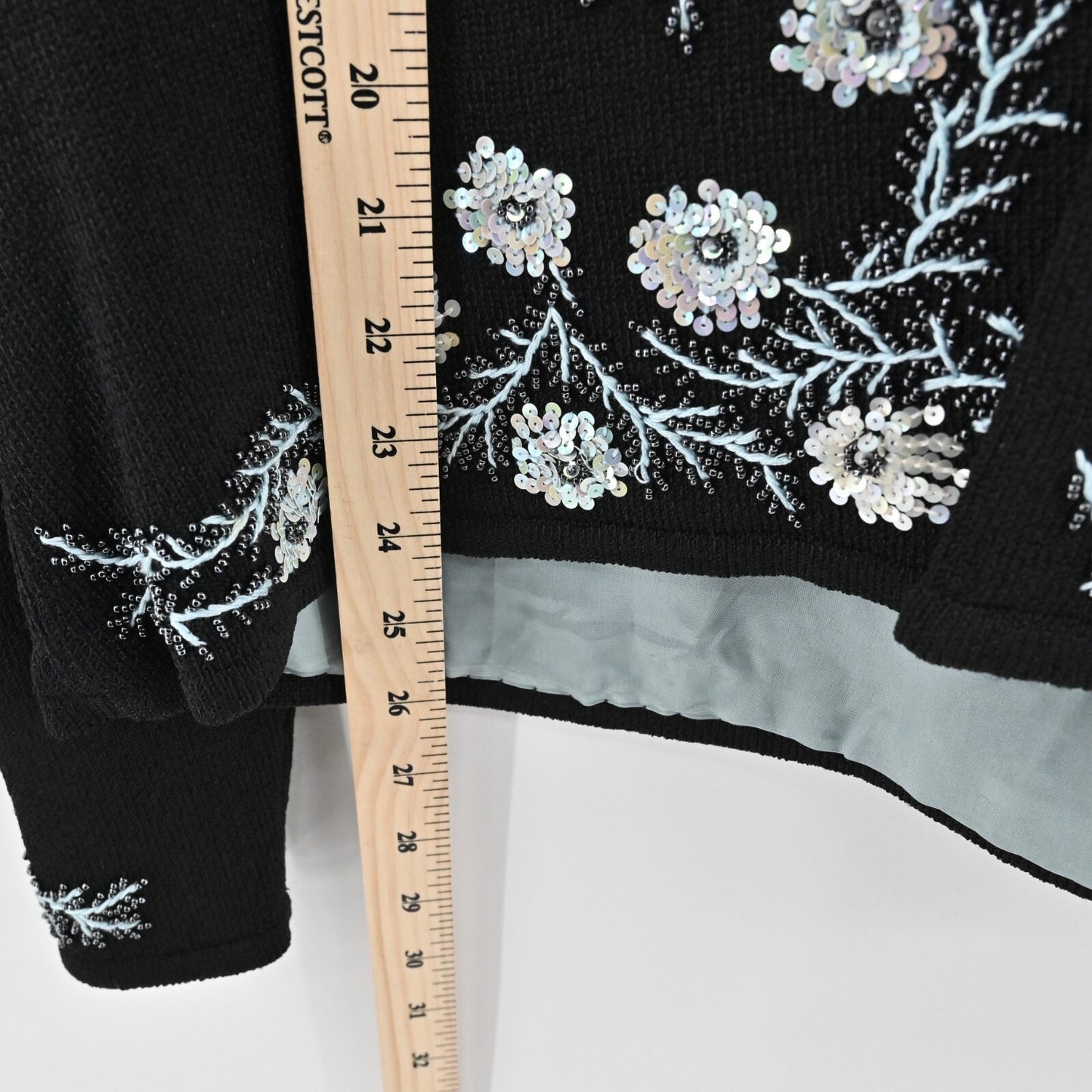 SIGRID OLSEN Womens Beaded Jacket Sz XL Black Sequin Floral Trim Knit Cardigan