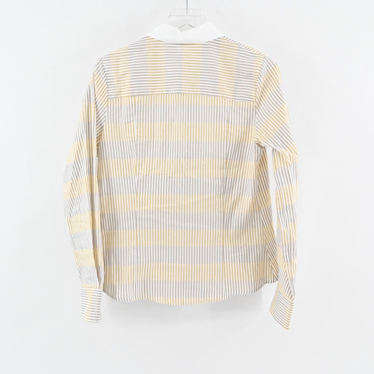 RANI ARABELLA Top Womens Sz L Yellow Tan Stripe Button Italy Cotton Quiet Luxury