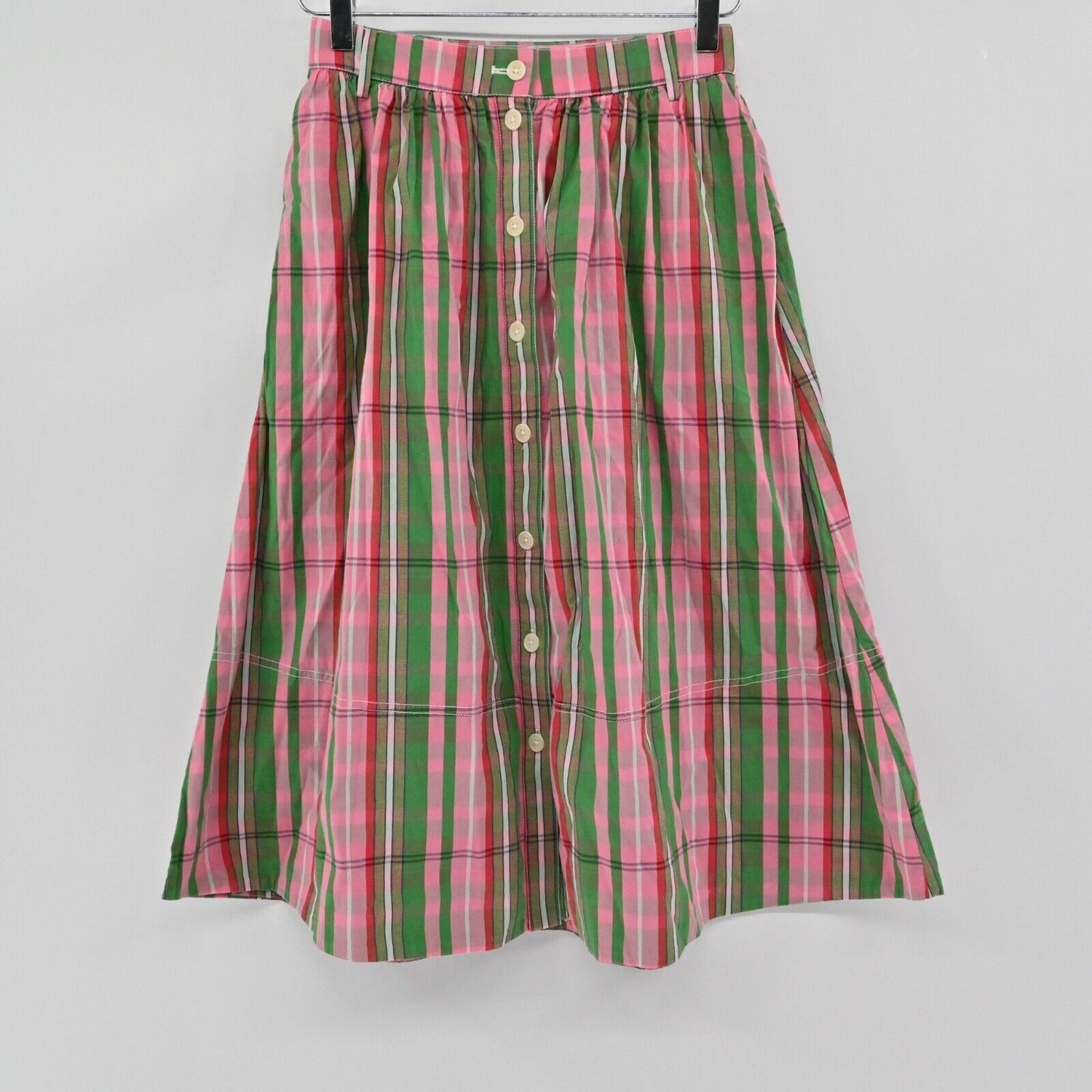 J CREW Skirt Sz 00 Pink Green Plaid Organic Cotton Blend Button Front Midi Retro