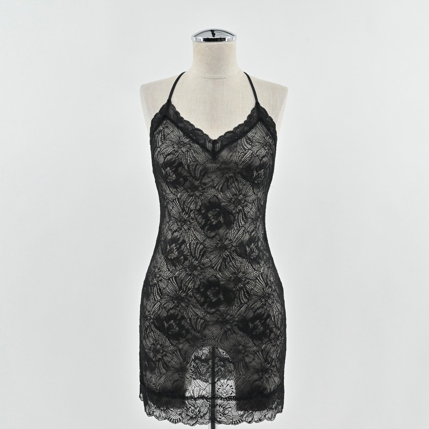 Victorias Secret Black Lace Mini Dress Sz S Halter Dark Romantic Sheer Lingerie