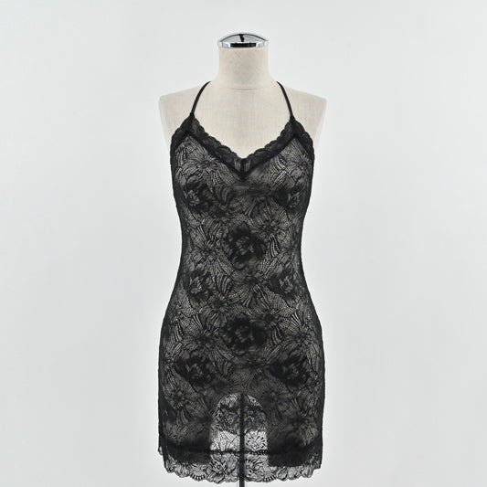 Victorias Secret Black Lace Mini Dress Sz S Halter Dark Romantic Sheer Lingerie