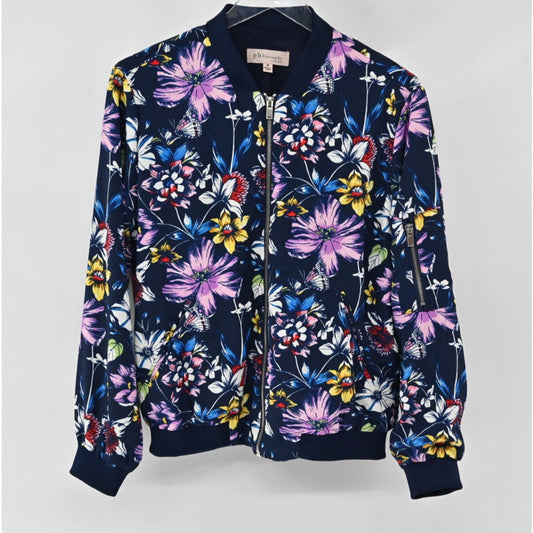 PHILOSOPHY Womens Floral Bomber Jacket Size M Blue Butterfly Full Zip Pockets