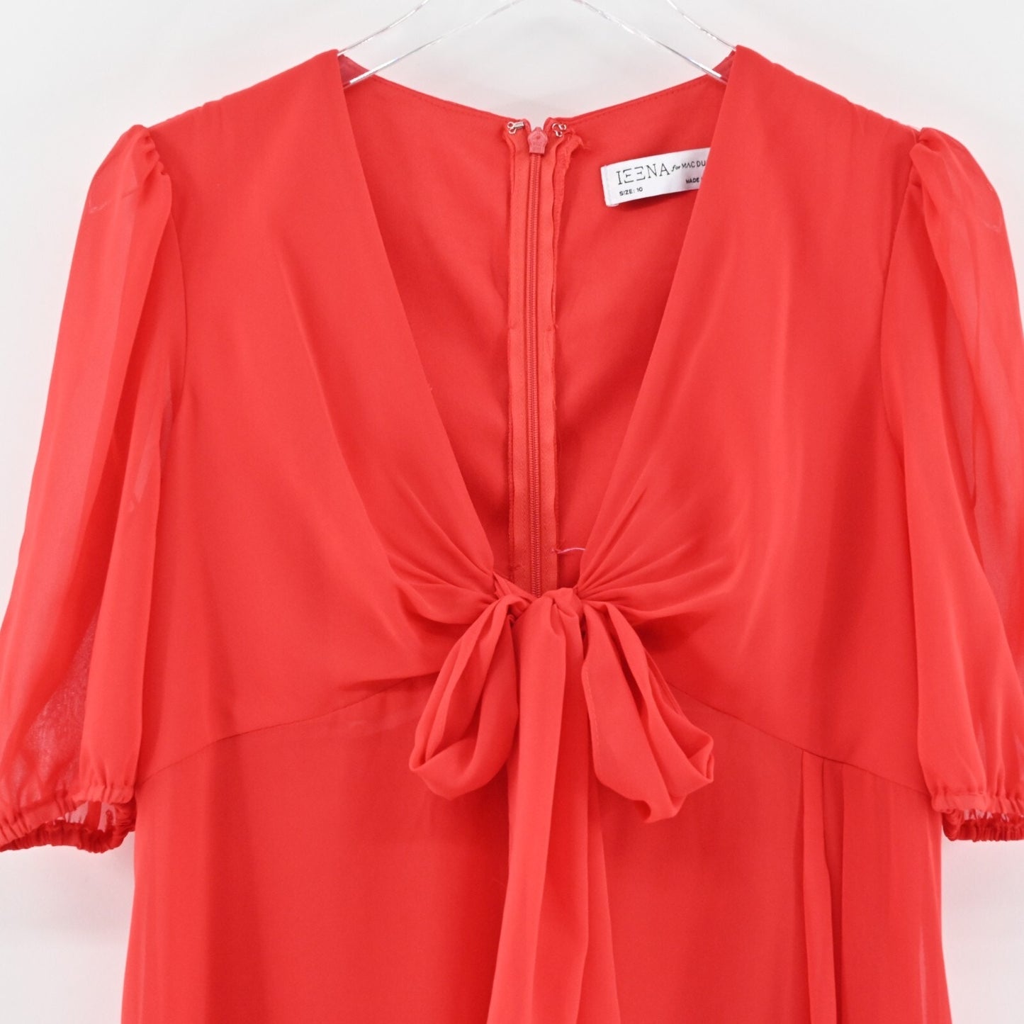 MAC DUGGAL Dress Sz 10 Ieena Chili Red Chiffon VNeck Bow Detail Flowy Midi 55627