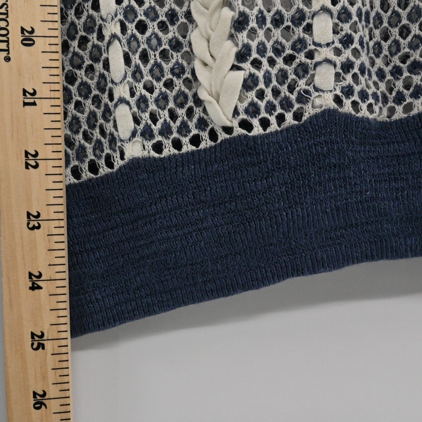 ABERCROMBIE FITCH Sweater Womens Size S Open Knit V Neck Long Sleeve Navy Ivory