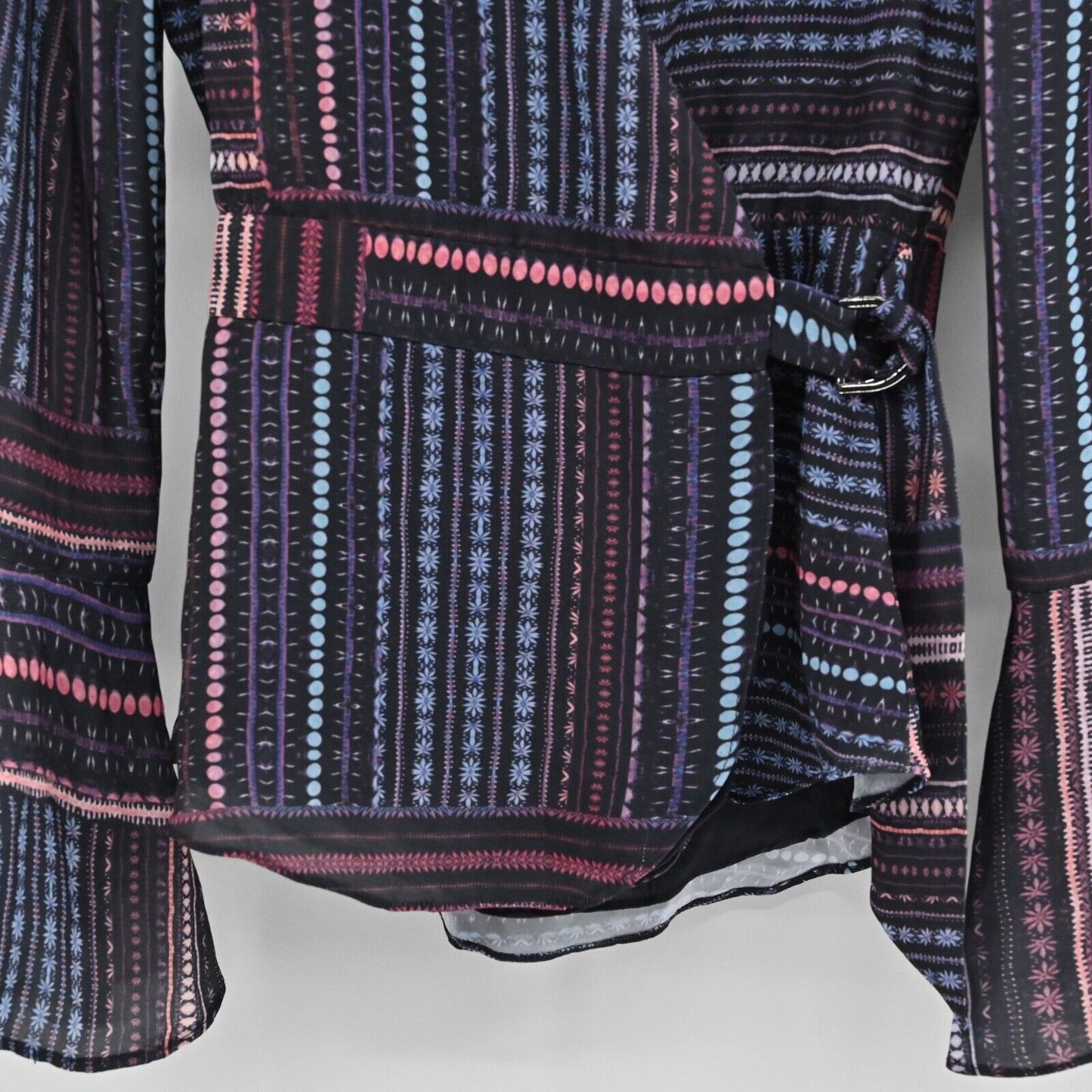PARKER Top Women Sz XS Black Floral Stripe Mix Print Bell Sleeve V Neck Wrap NEW