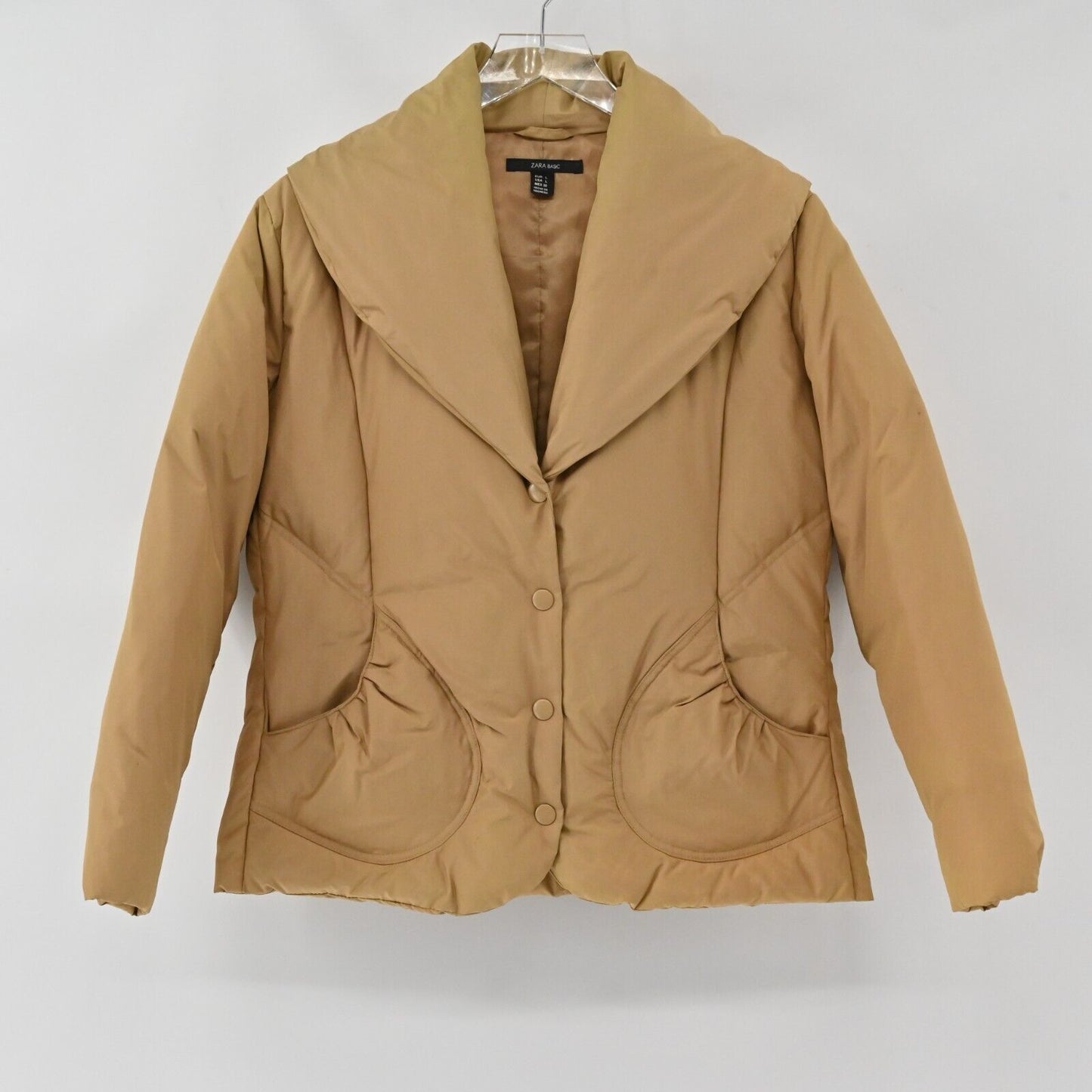 ZARA Jacket Womens Size L Basic Puffer Long Sleeve Brown Button Coat Wide Collar