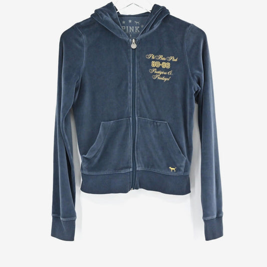 PINK Victorias Secret Womens Velour Hoodie Sz S Slate Embroidered Sorority Zip