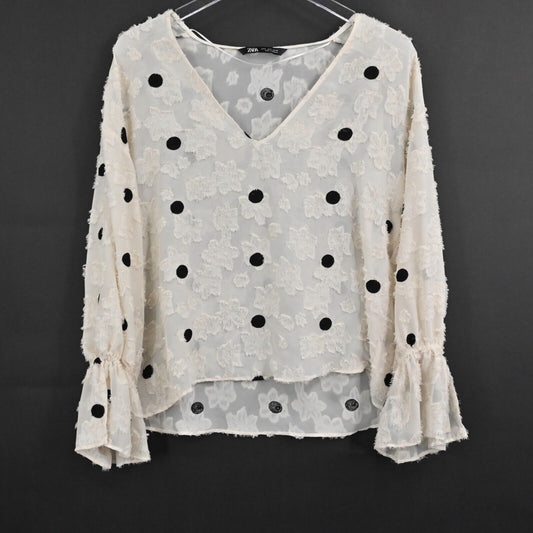 ZARA Top Womens Size S VNeck Polka Dot Textured Floral Poet Long Sleeve Sheer