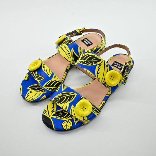 MOSCHINO Sandals Womens Size 35 Boutique Blue Yellow Leaf Print Strappy Shoe