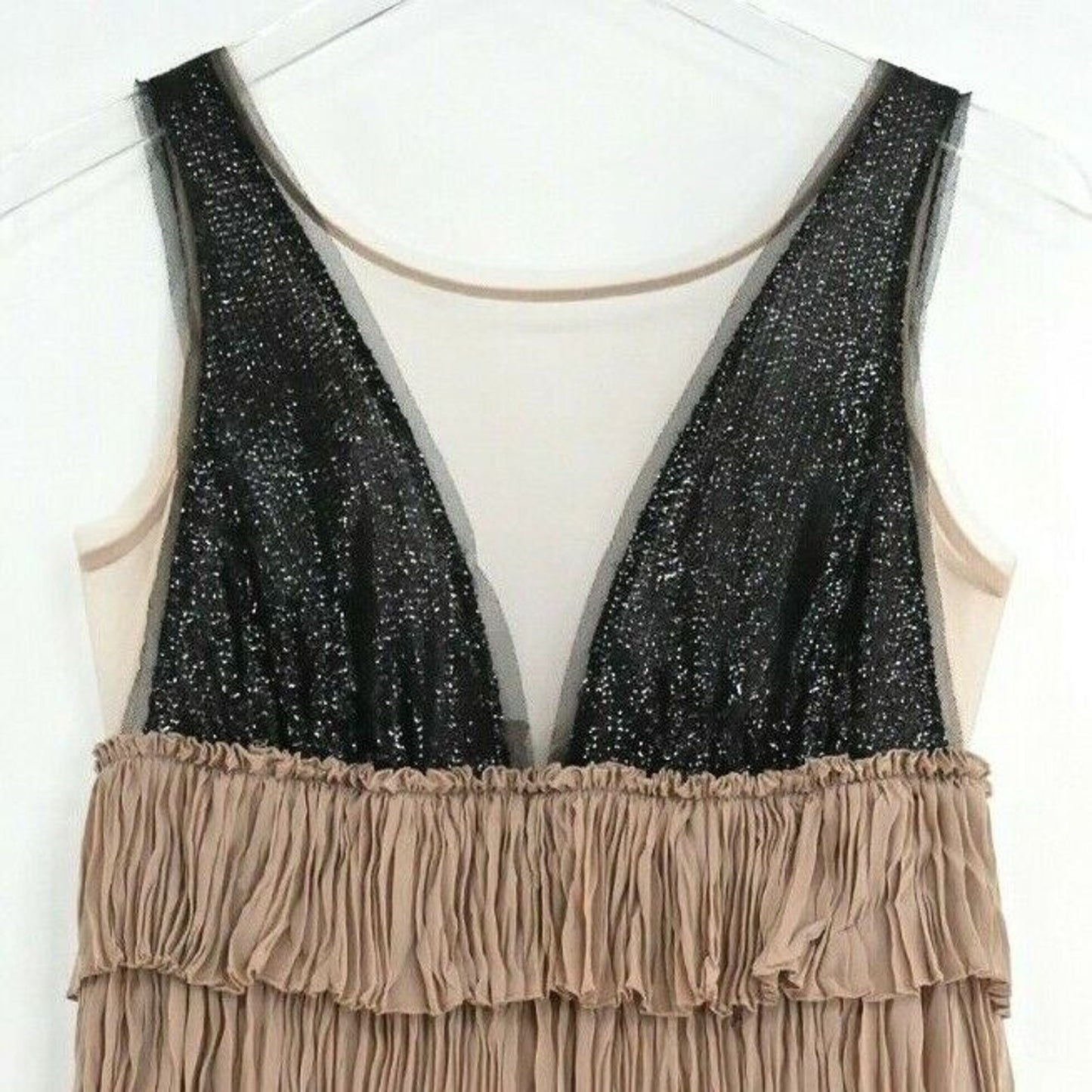BCBGMAXAZRIA Dress Womens Size XXS Nude Black Averil Crinkle Crepe Retro Glam