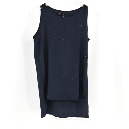 MANGO Top Womens Sz XXS Chiffon Hi Low Tunic Tank Navy Blue Rhinestone Polka Dot