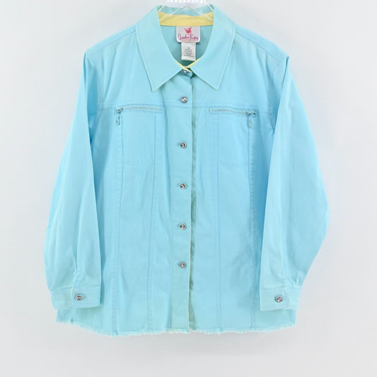 QUACKER FACTORY Jacket Womens Size 1X Dream Jeans Blue Rhinestone Frayed Hem